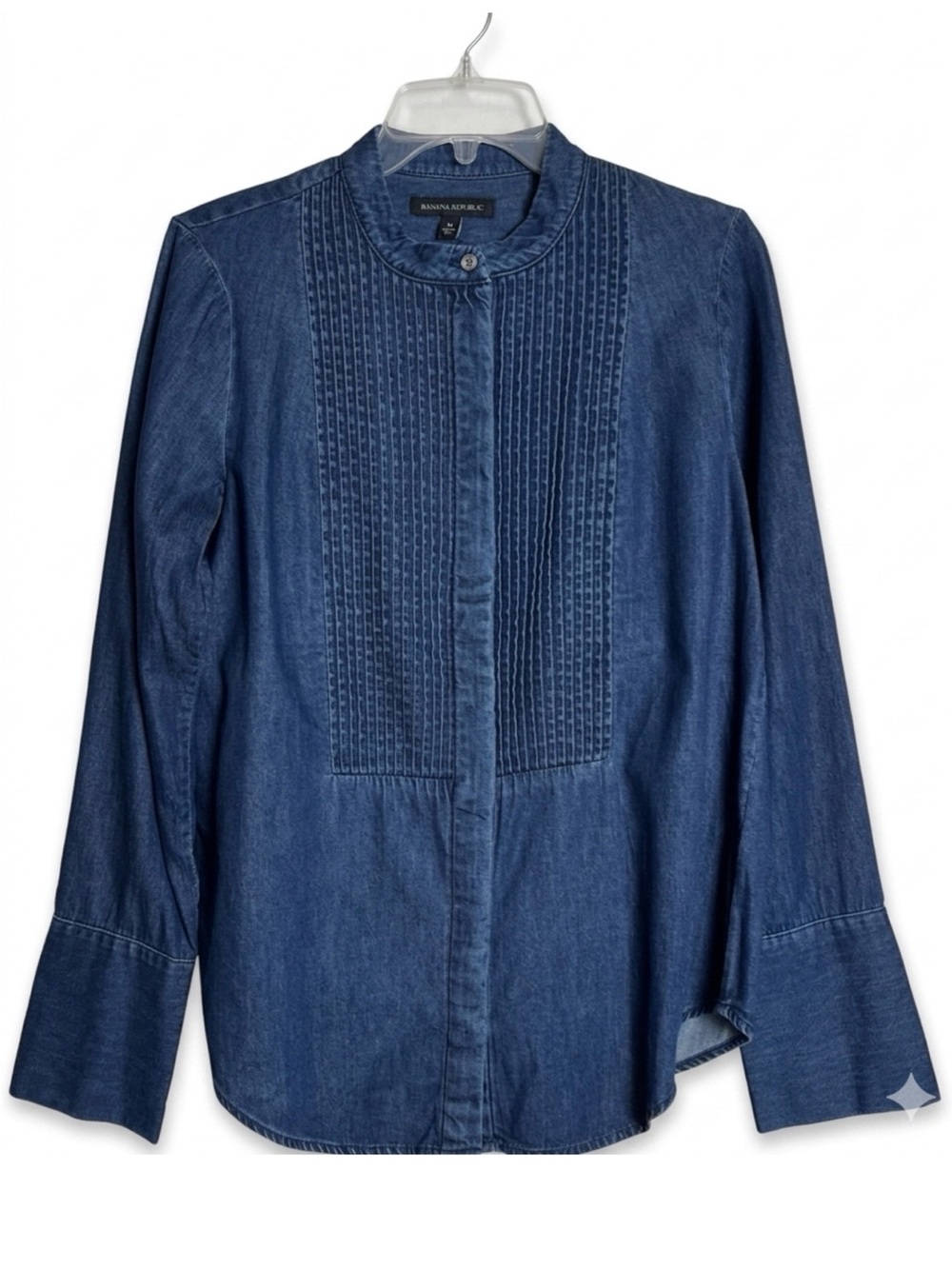 Banana Republic Denim Tuxedo Shirt Pintuck Pleat Band Collar Medium